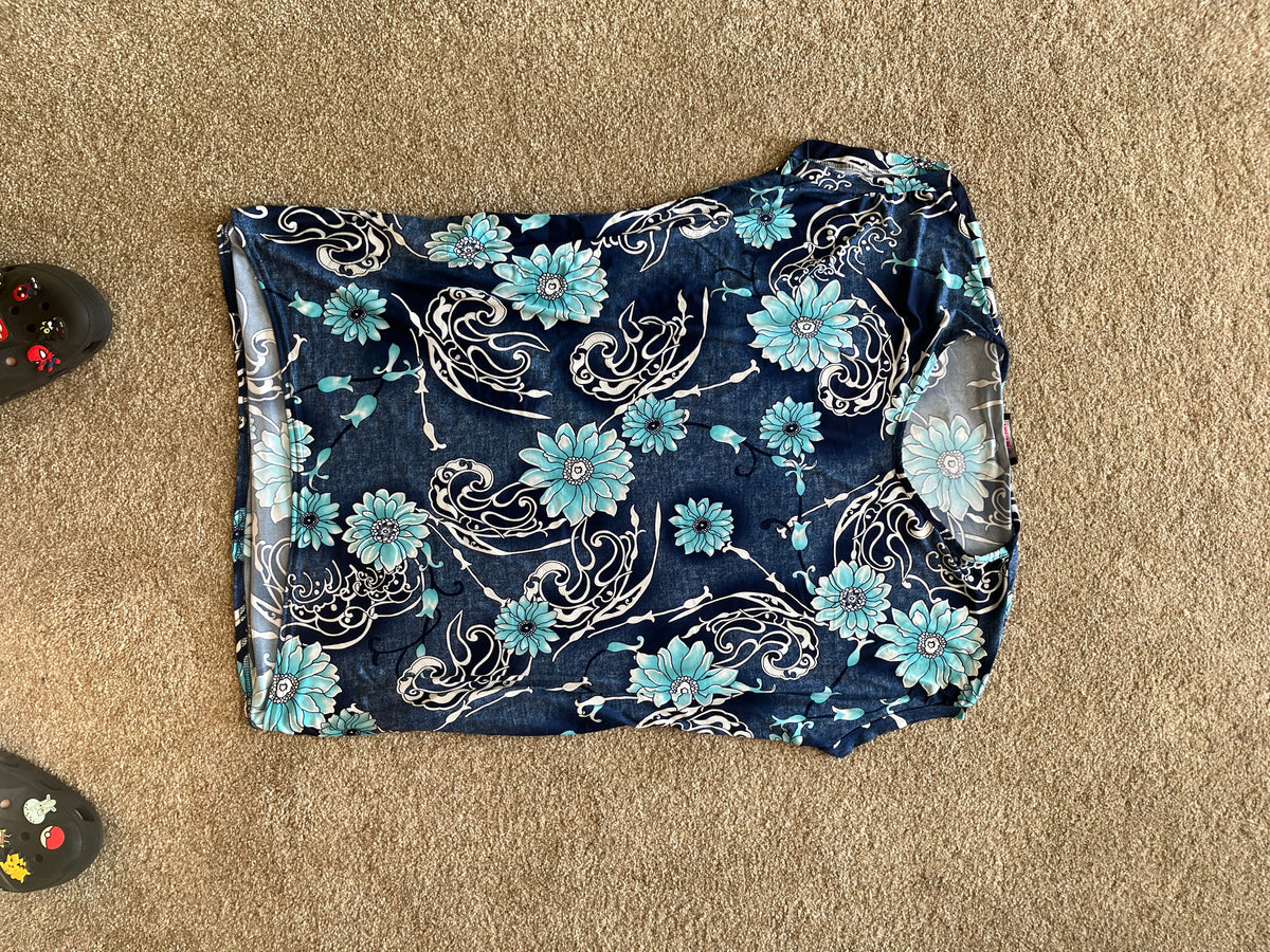 navy blue pink/blue flower pocket tops