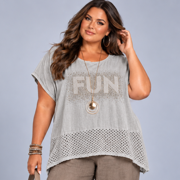 Linen Fun Sequin Print Top with Netted Hem