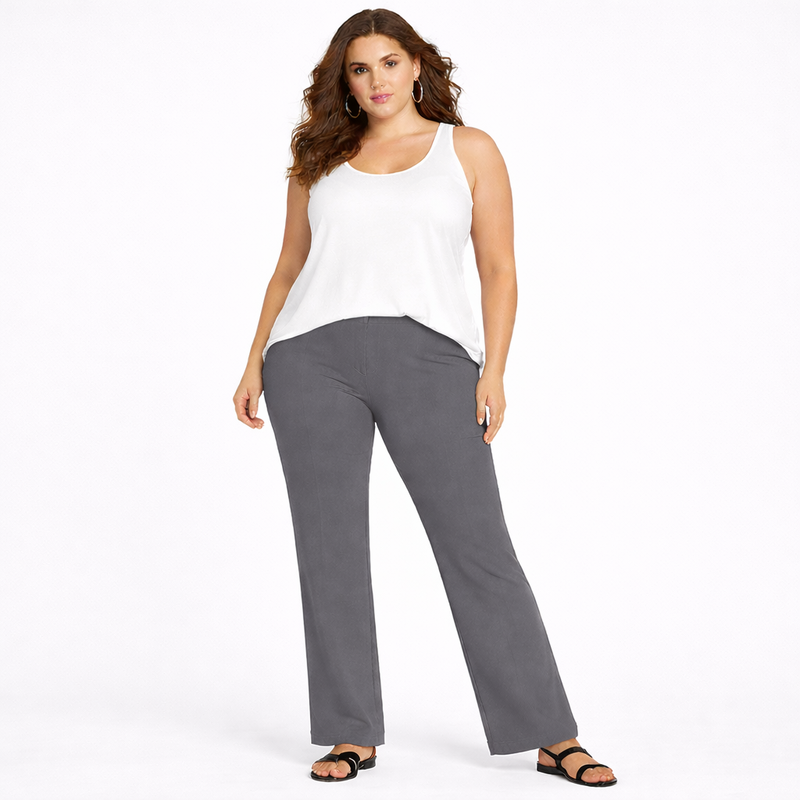 High Rise Elastic Waist Stretchy Ribbed Bootleg Trousers
