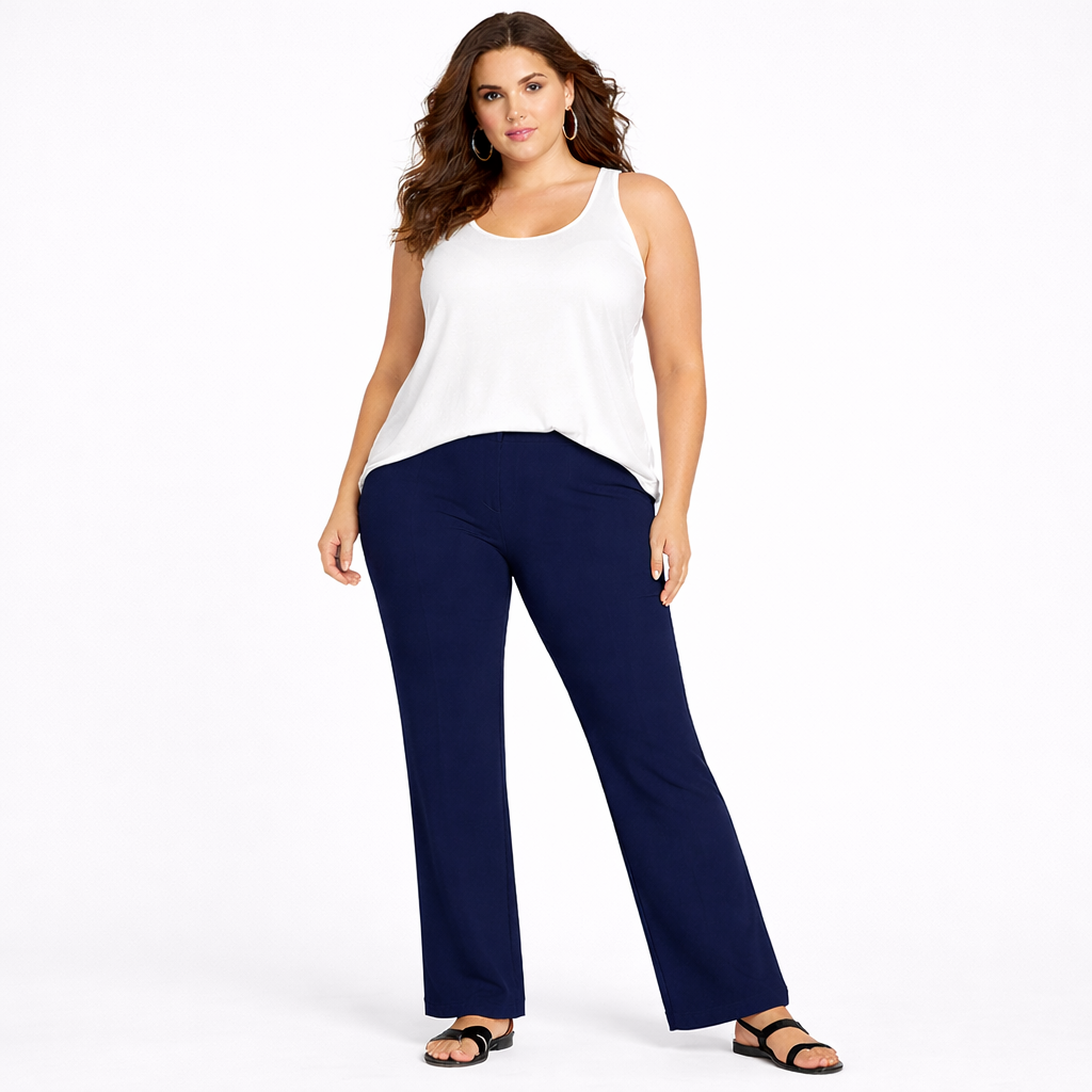 High Rise Elastic Waist Stretchy Ribbed Bootleg Trousers