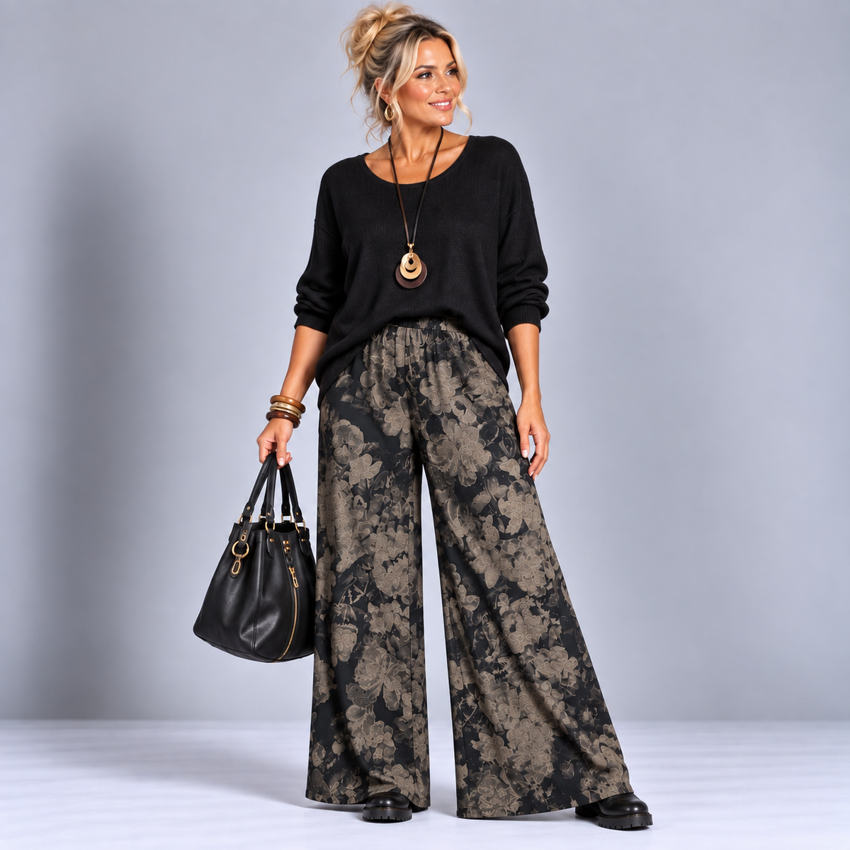 Black Grey Floral Palazzo Trousers