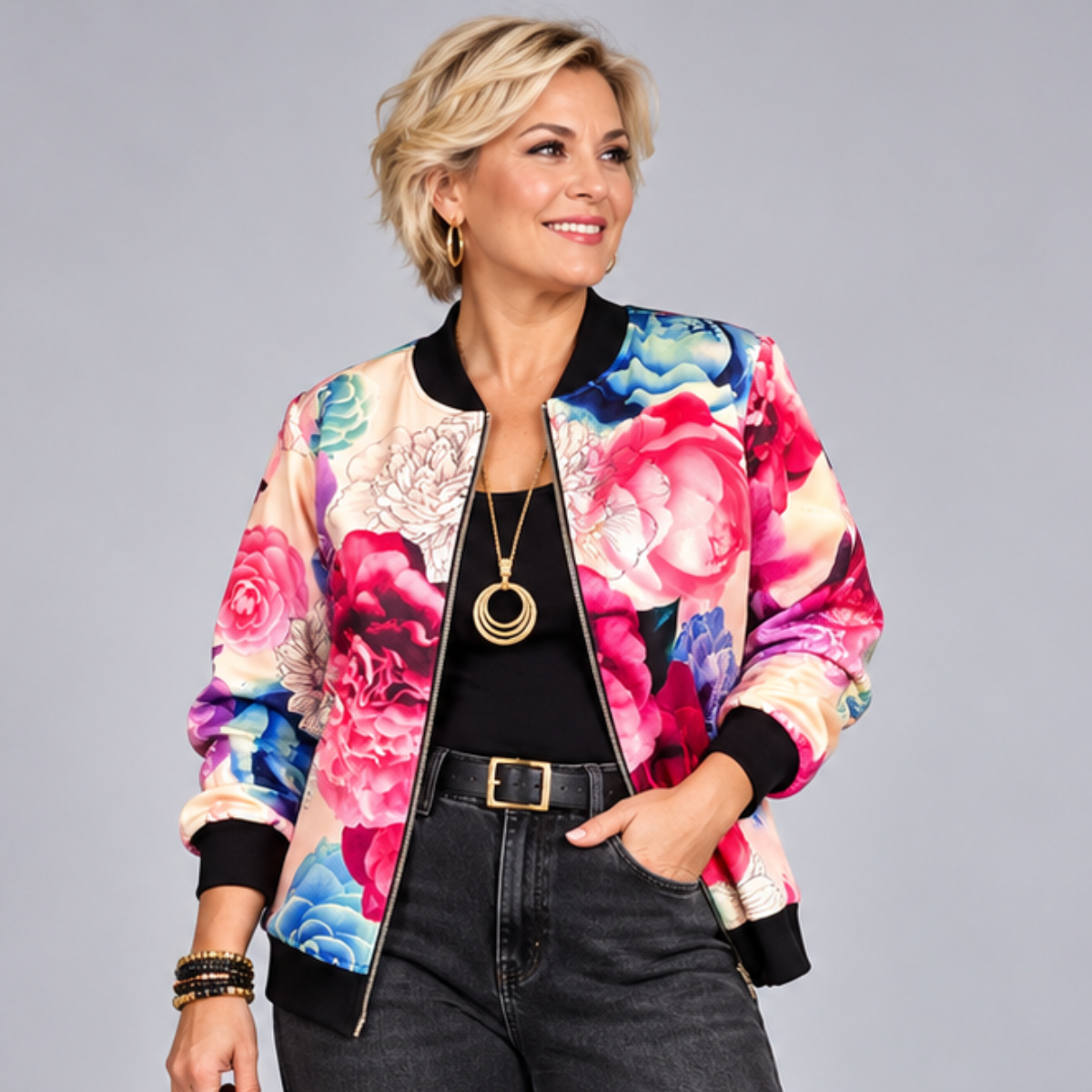 Pink & Blue Bold Floral Zip-Up Bomber Jacket