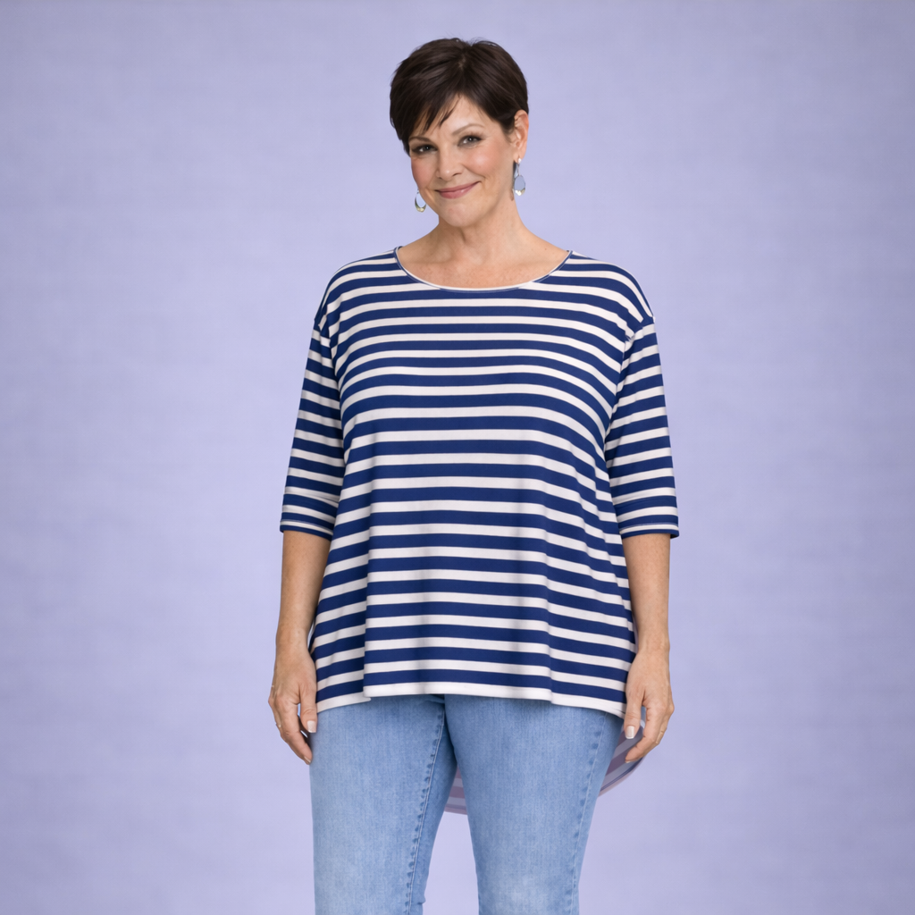 Fine Knitted Striped Top with Dipped Hem