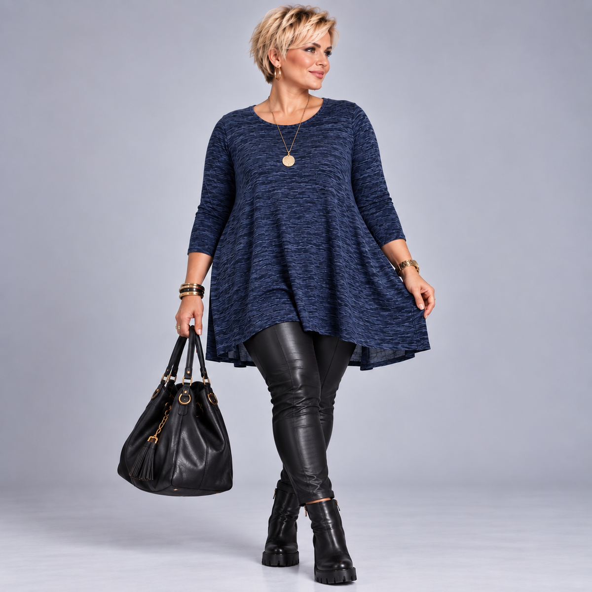 Plus‑Size Fleck Effect 3/4 Sleeve Swing Top