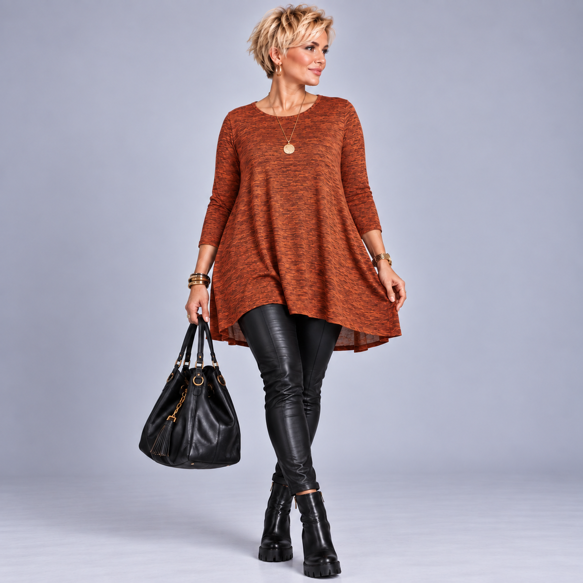 Plus‑Size Fleck Effect 3/4 Sleeve Swing Top
