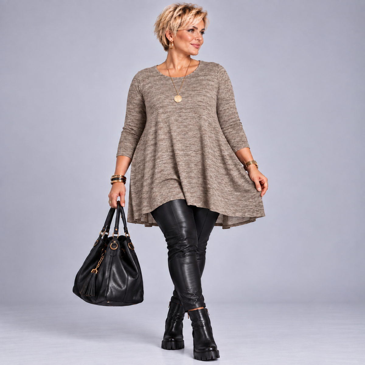 Plus‑Size Fleck Effect 3/4 Sleeve Swing Top