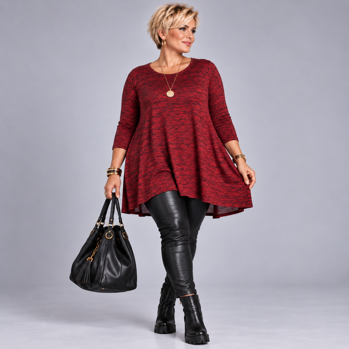 Plus‑Size Fleck Effect 3/4 Sleeve Swing Top