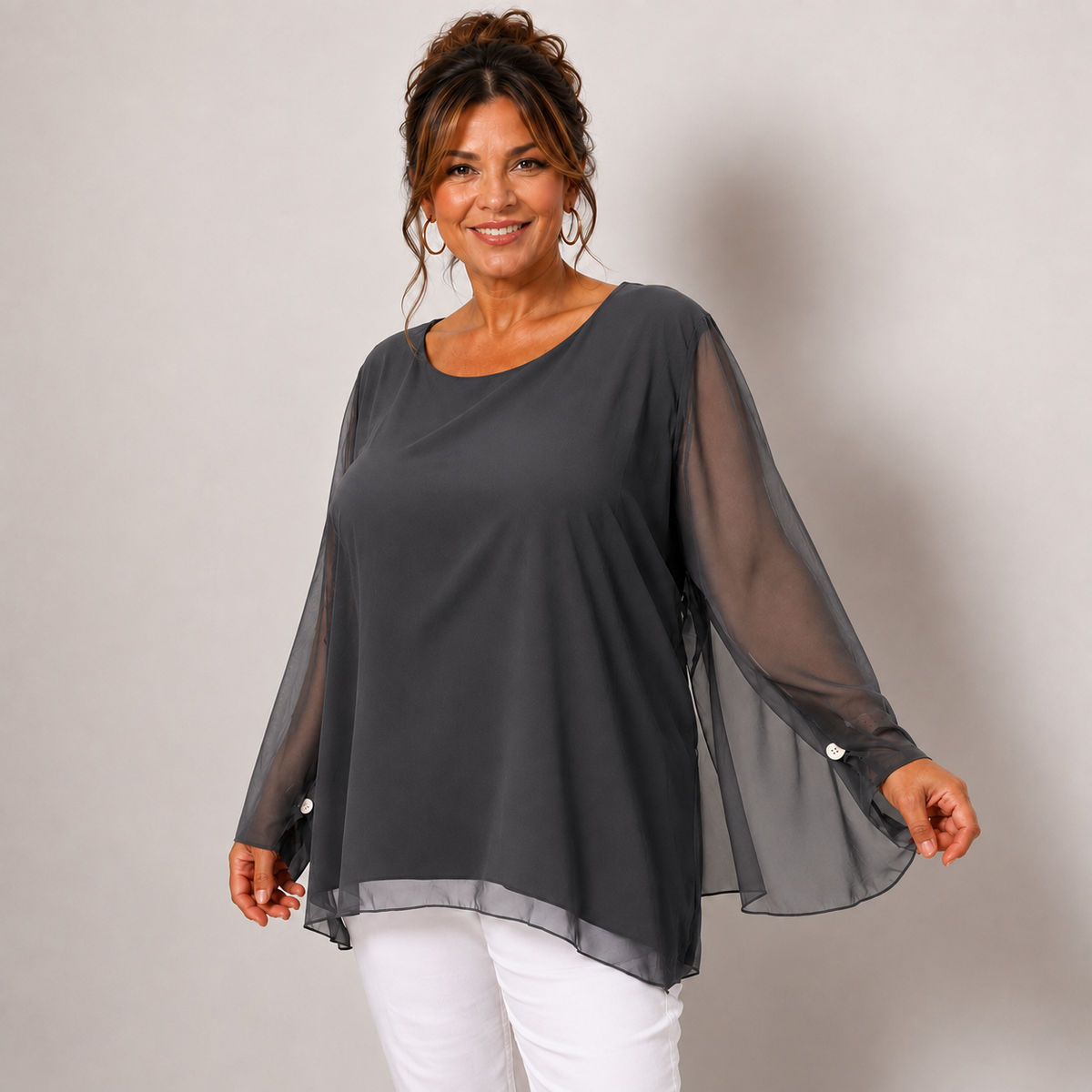 Chiffon Lined Blouse with Fluted Sleeves