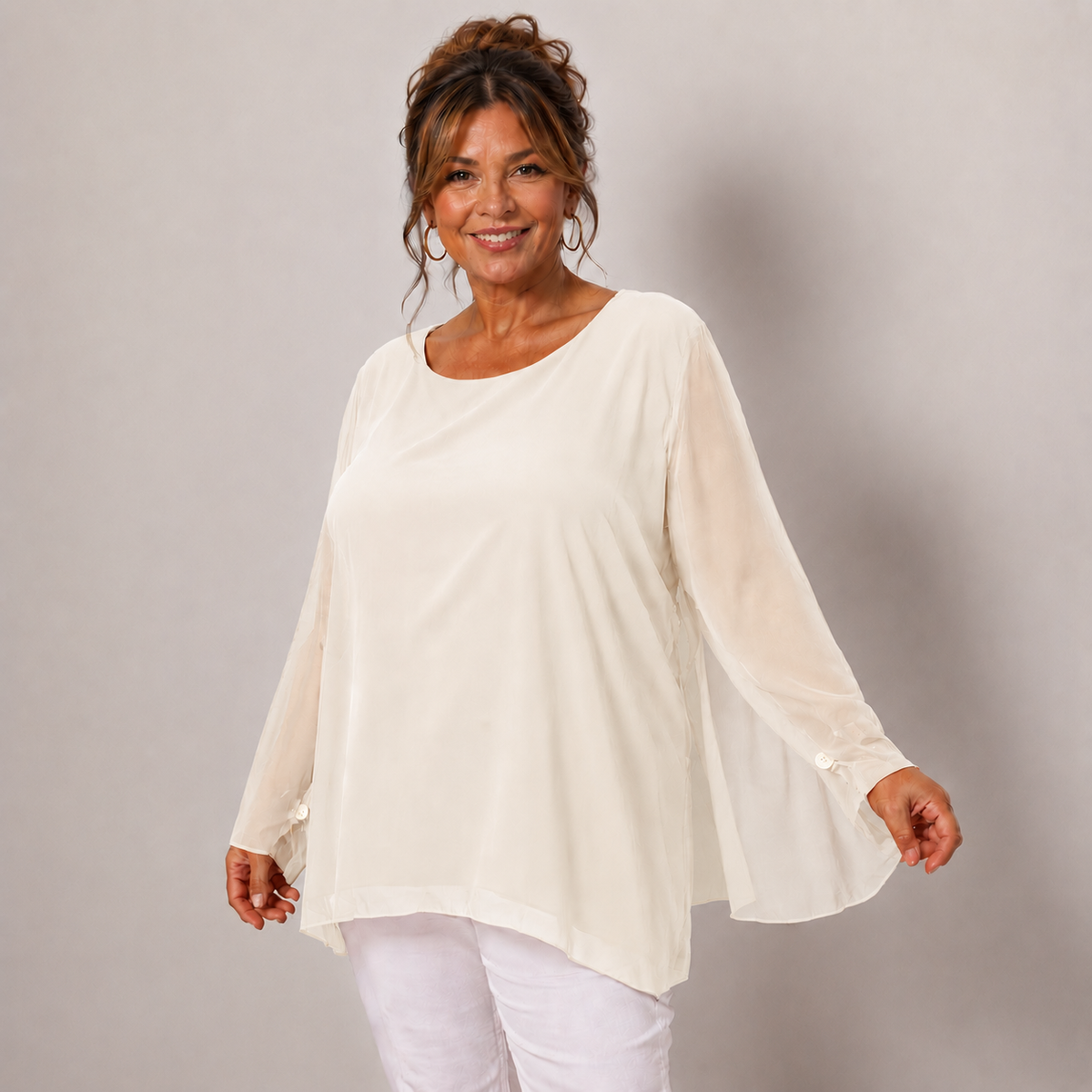 CHIFFON LINED BLOUSE WITH FLUTED SLEEVES
