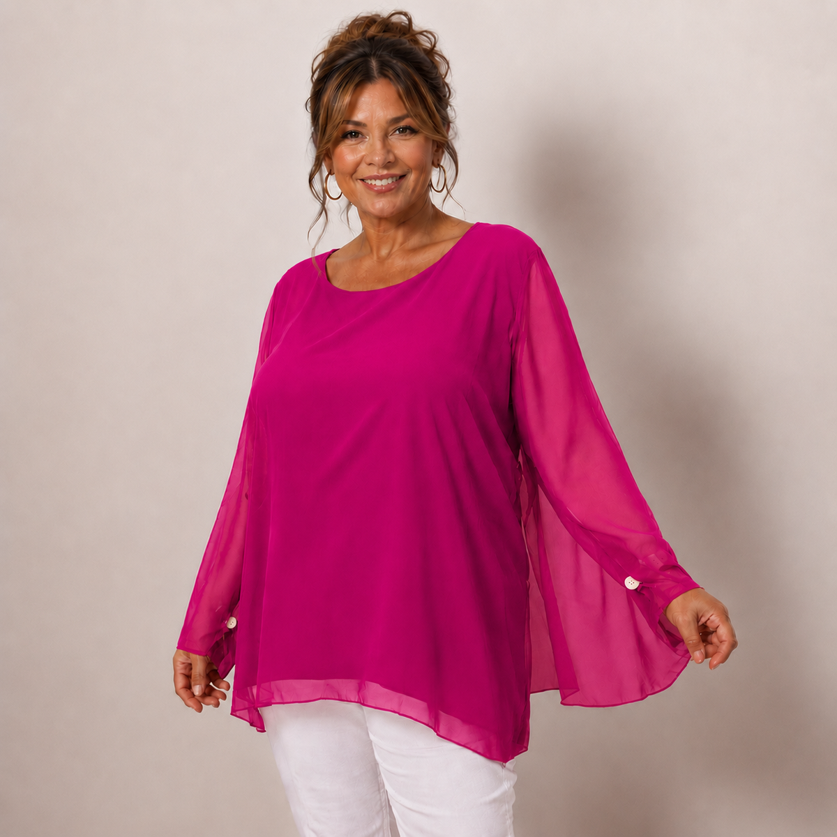 CHIFFON LINED BLOUSE WITH FLUTED SLEEVES
