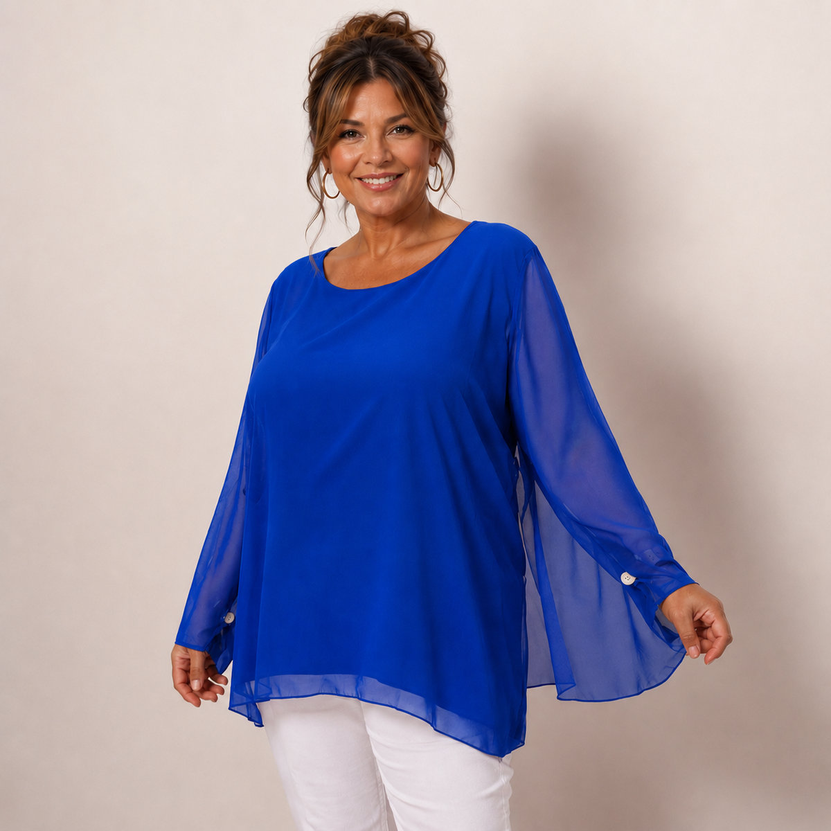 CHIFFON LINED BLOUSE WITH FLUTED SLEEVES