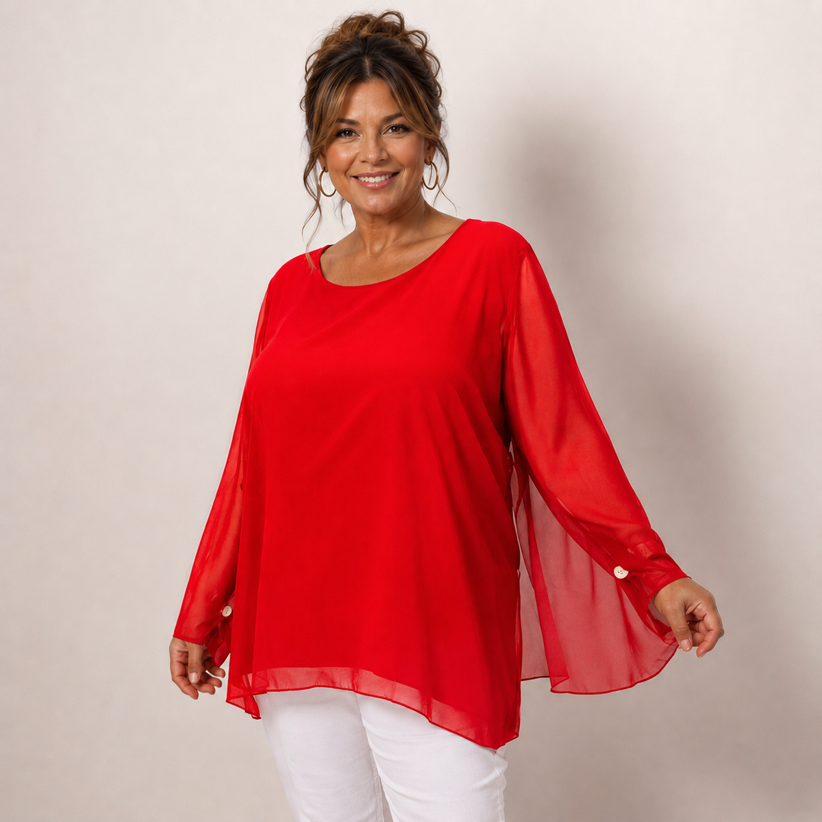 CHIFFON LINED BLOUSE WITH FLUTED SLEEVES