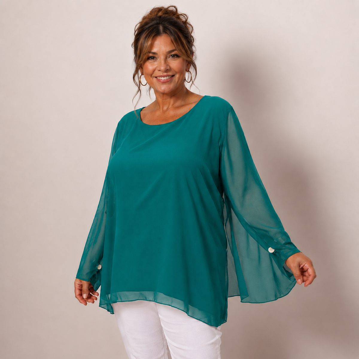 CHIFFON LINED BLOUSE WITH FLUTED SLEEVES