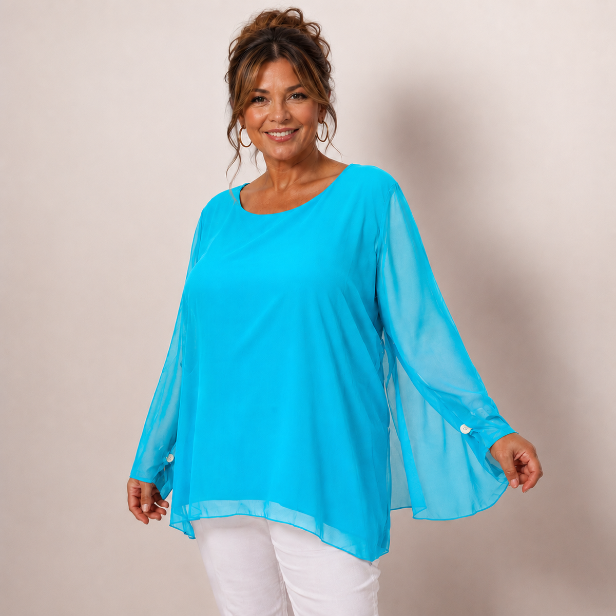 CHIFFON LINED BLOUSE WITH FLUTED SLEEVES