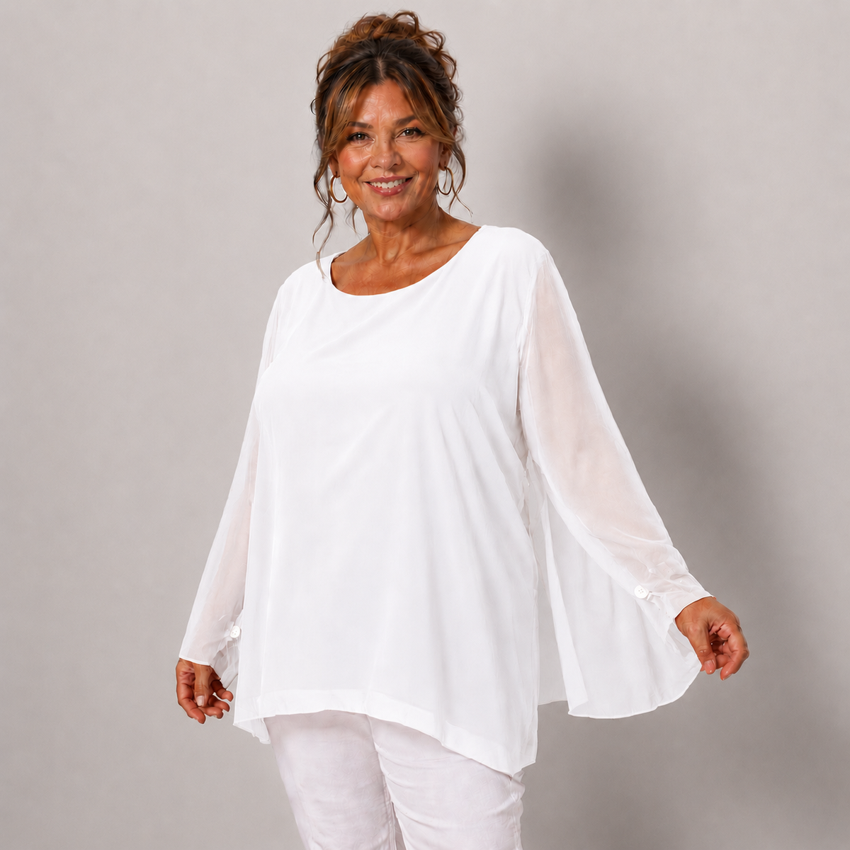 CHIFFON LINED BLOUSE WITH FLUTED SLEEVES
