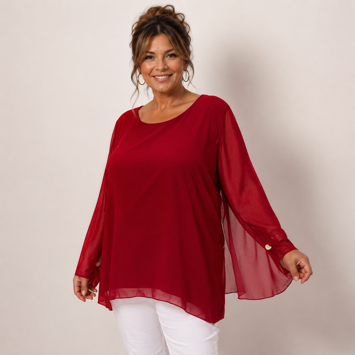 CHIFFON LINED BLOUSE WITH FLUTED SLEEVES