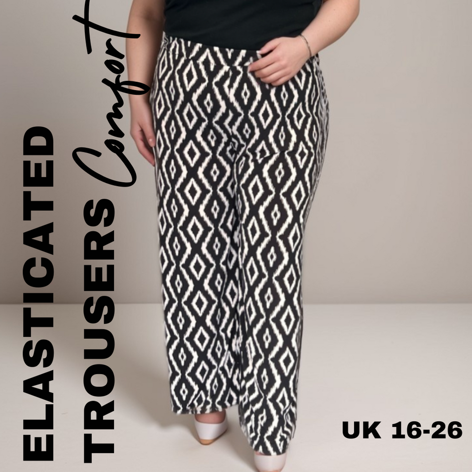 ROCKTHOSECURVES BLACK WHITE DIAMOND ELASTICATED WAIST PALAZZO TROUSERSBLACK WHITE / UK 16-18