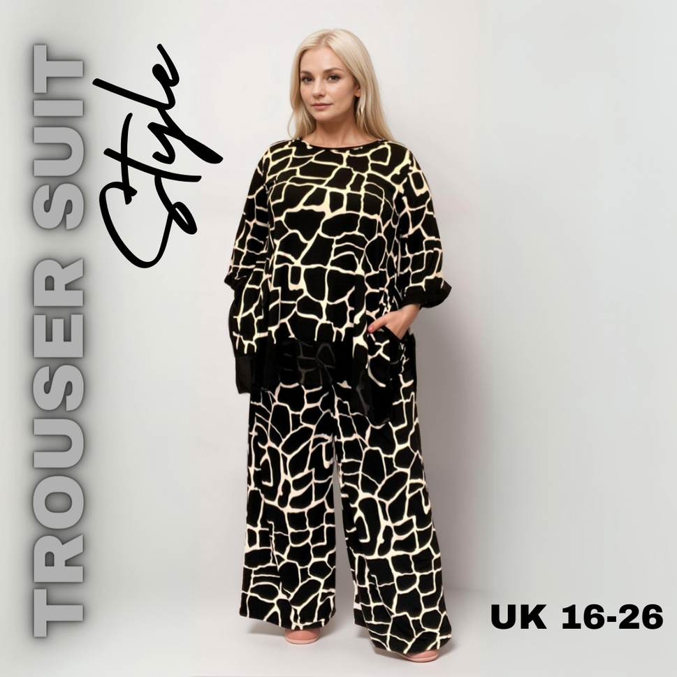 ROCKTHOSECURVES GIRAFFE PRINT TWO PIECE OUTFIT SET WITH PALAZZO TROUSERSBLACK GIRAFFE / UK 16-18