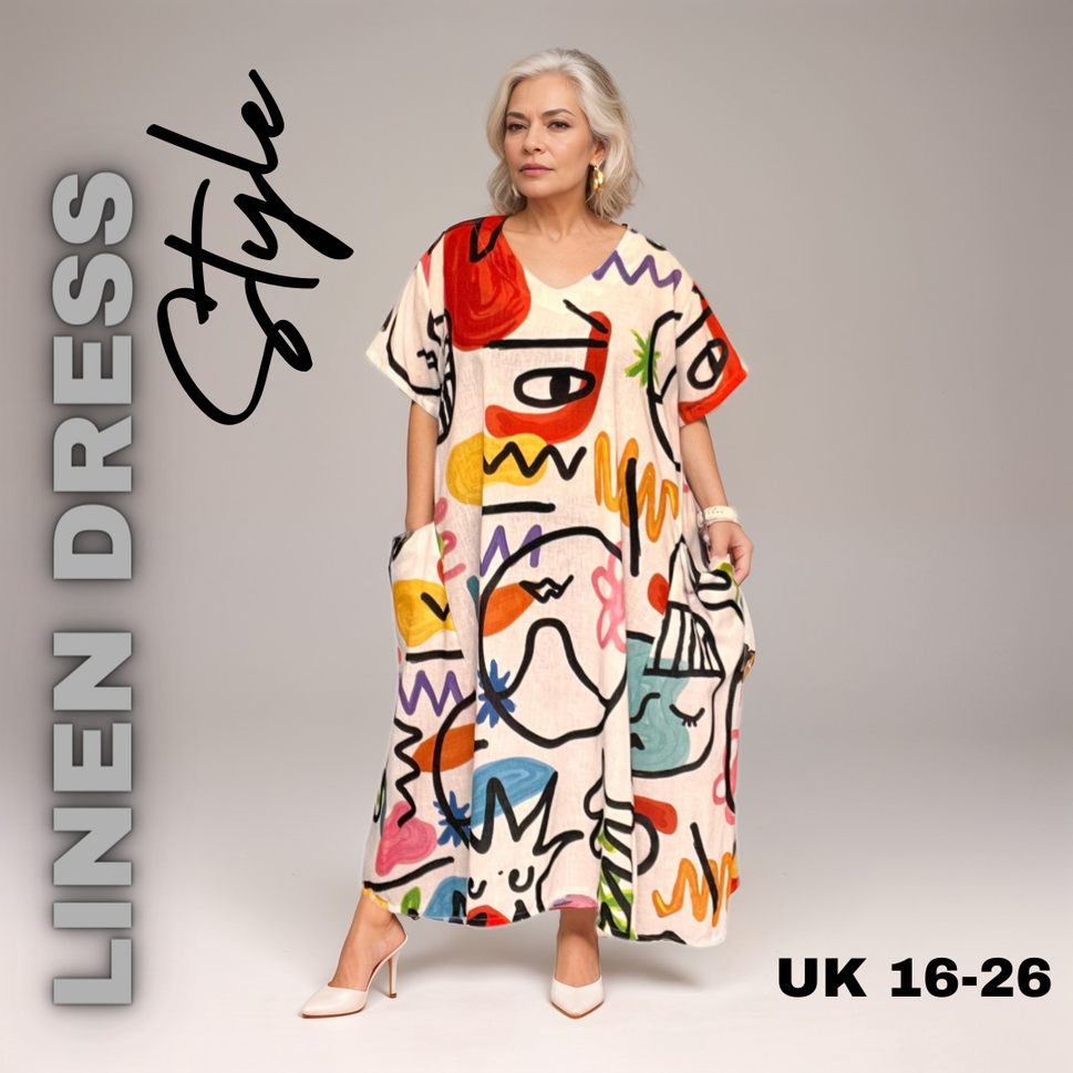 ROCKTHOSECURVES ABSTRACT PATTERN LINEN LOOSE FITTING DRESS WITH POCKETSWHITE MULTI / UK 16-18
