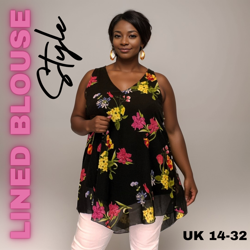 ROCKTHOSECURVES CHIFFON V HEM SLEEVELESS V HEM LINED BLOUSEBlack Floral / UK 14