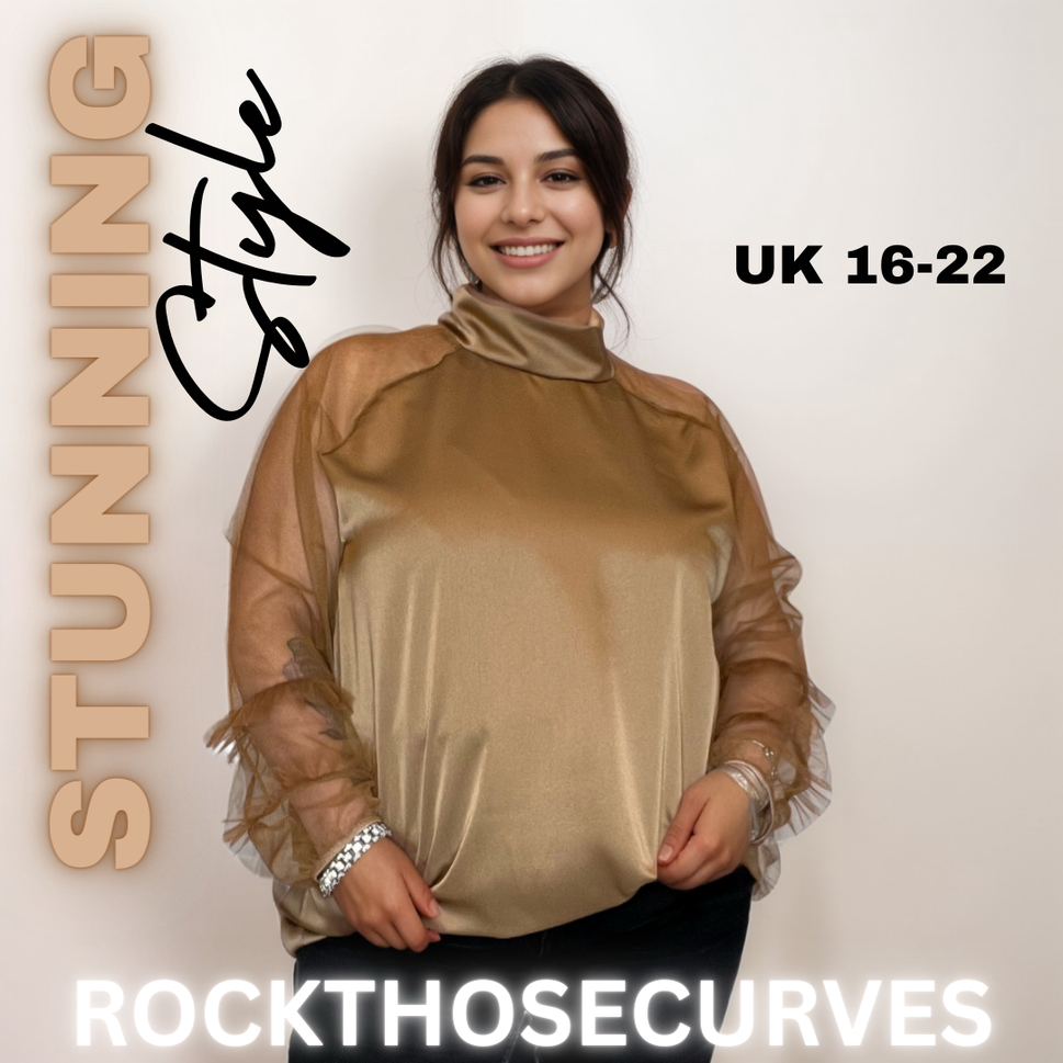 ROCKTHOSECURVES SATIN BLOUSE TURTLE NECK + CHIFFON FRILLED SLEEVESGOLD / UK 16-18