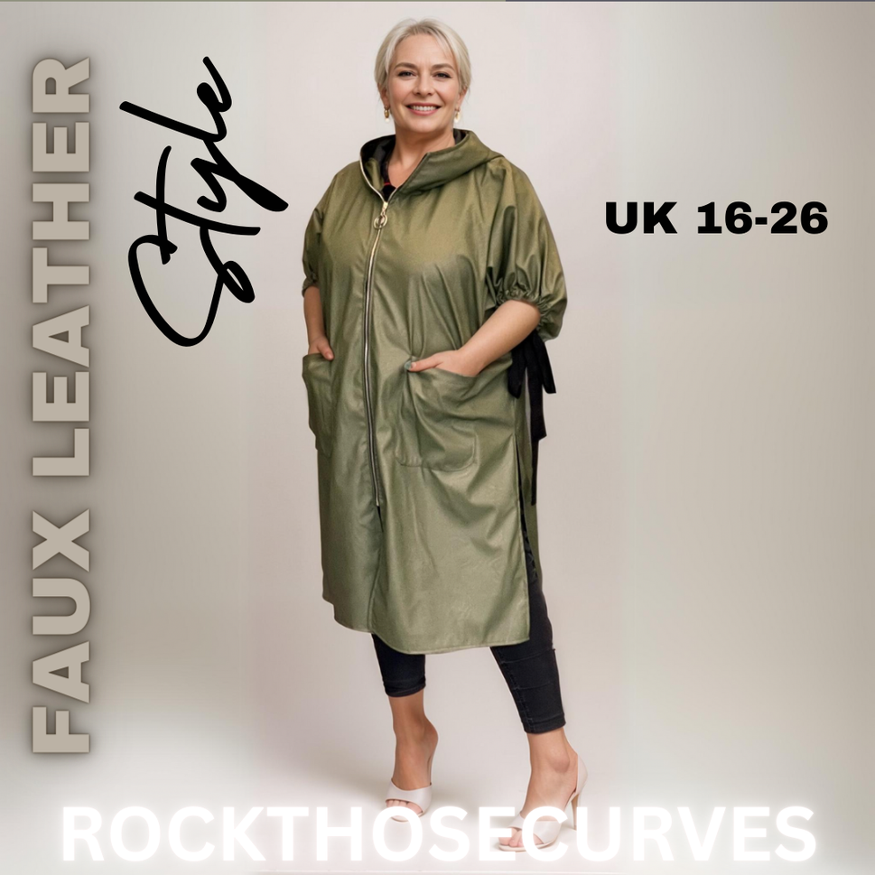 ROCKTHOSECURVES FAUX LEATHER LONG LENGTH COAT WITH SIDE SPLITSKHAKI / UK 16-18