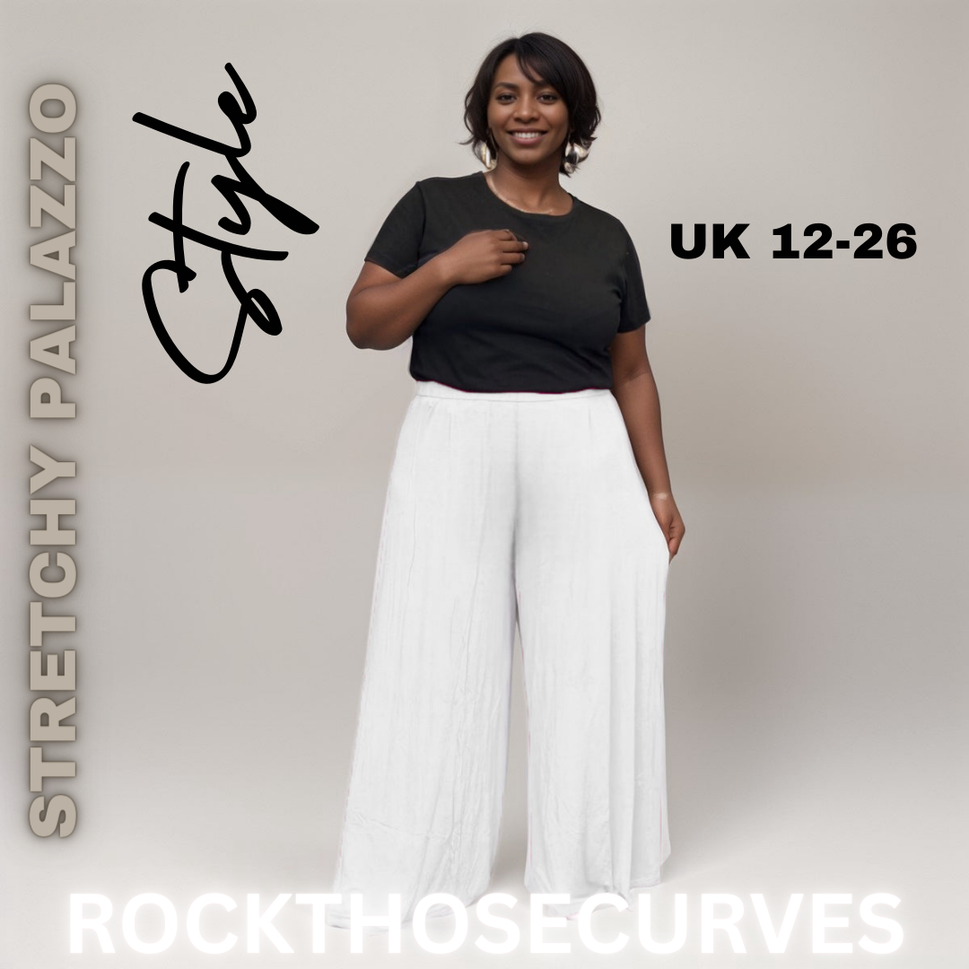 ROCKTHOSECURVES PLAIN STRETCHY WIDE LEG ELAST WAIST PALAZZO TROUSERSWhite / UK 12-14