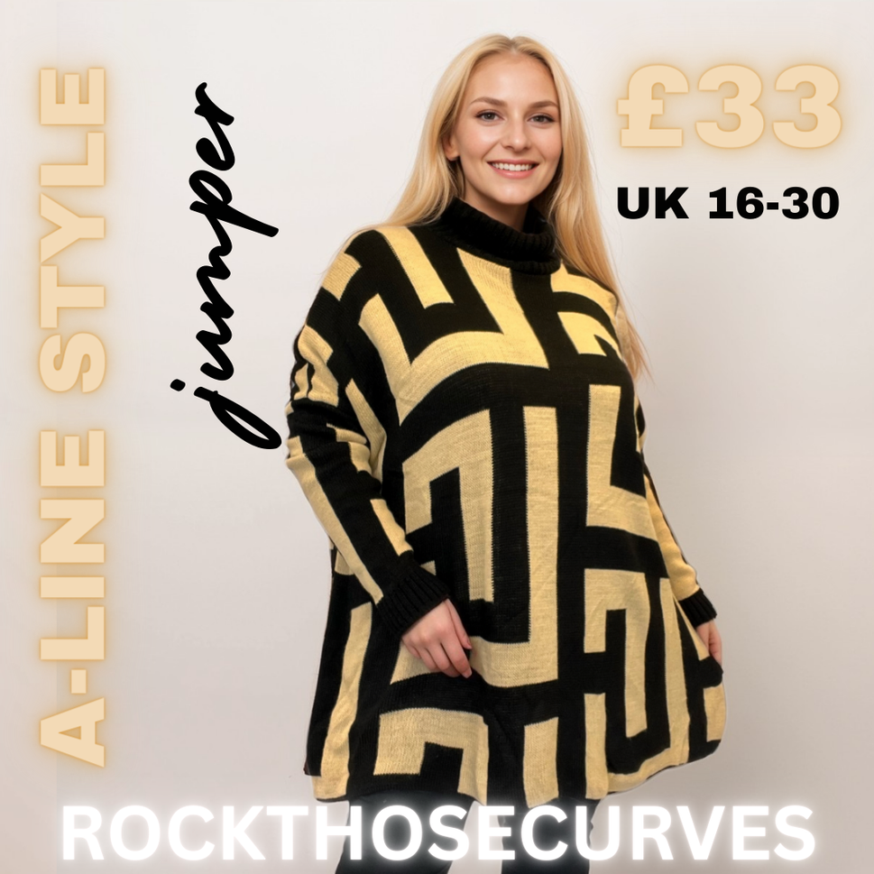 LOOSE FIT SQUARE KNIT A LINE POLO NECK JUMPERBLACK TAUPE / UK 16-18