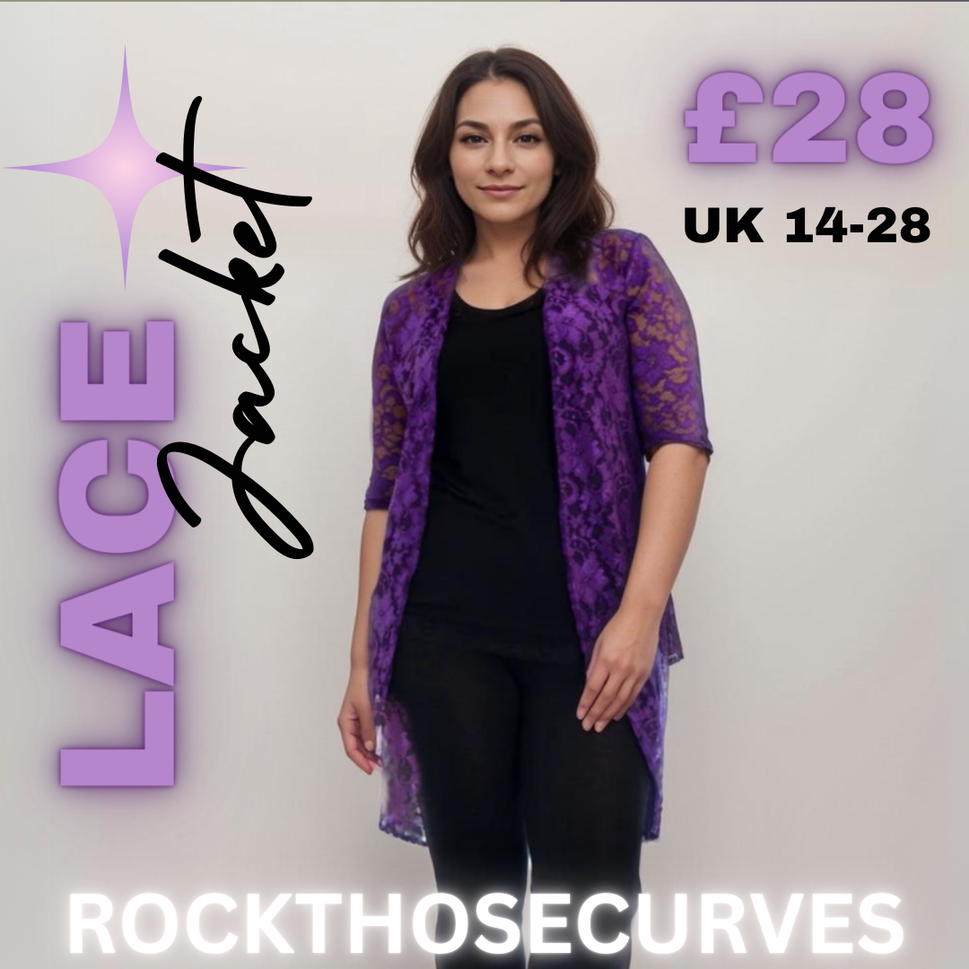 ROCKTHOSECURVES LACE DIPPED HEM KIMONO JACKETPurple / UK 14