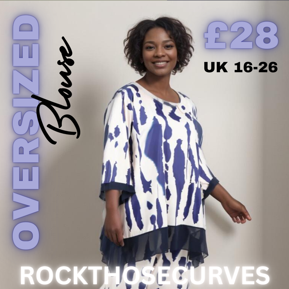 ROCKTHOSECURVES SPLASH EFFECT 3/4 SLEEVE TOP WITH CHIFFON HANKY HEMNAVY / UK 16-18