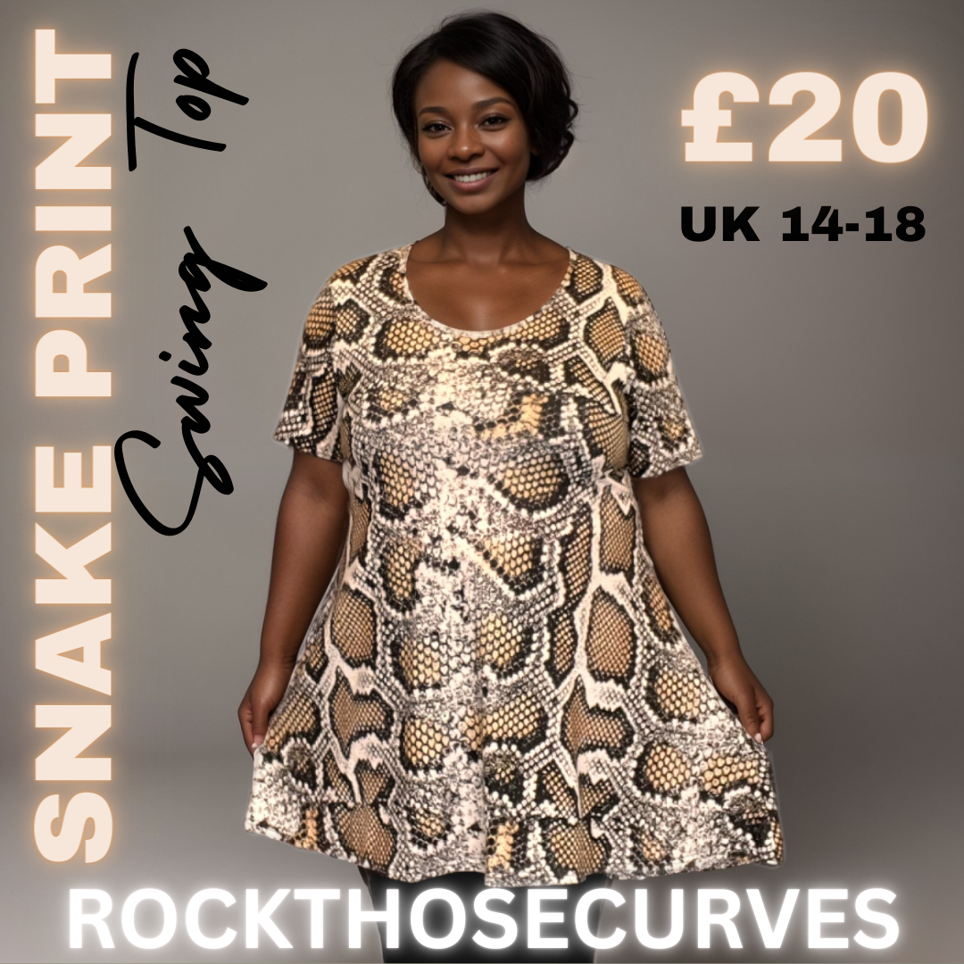 ROCKTHOSECURVES BEIGE BOLD SNAKE PRINT SHORT SLEEVE SWING TOP
