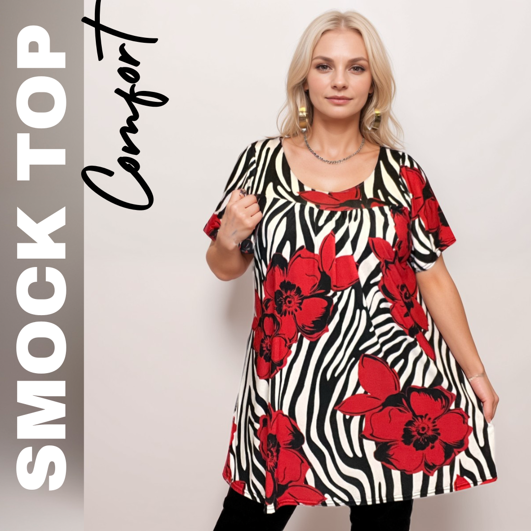 ROCKTHOSECURVES RED WHITE BLACK SWIRL SHORT SLEEVE A-LINE SMOCK TOP