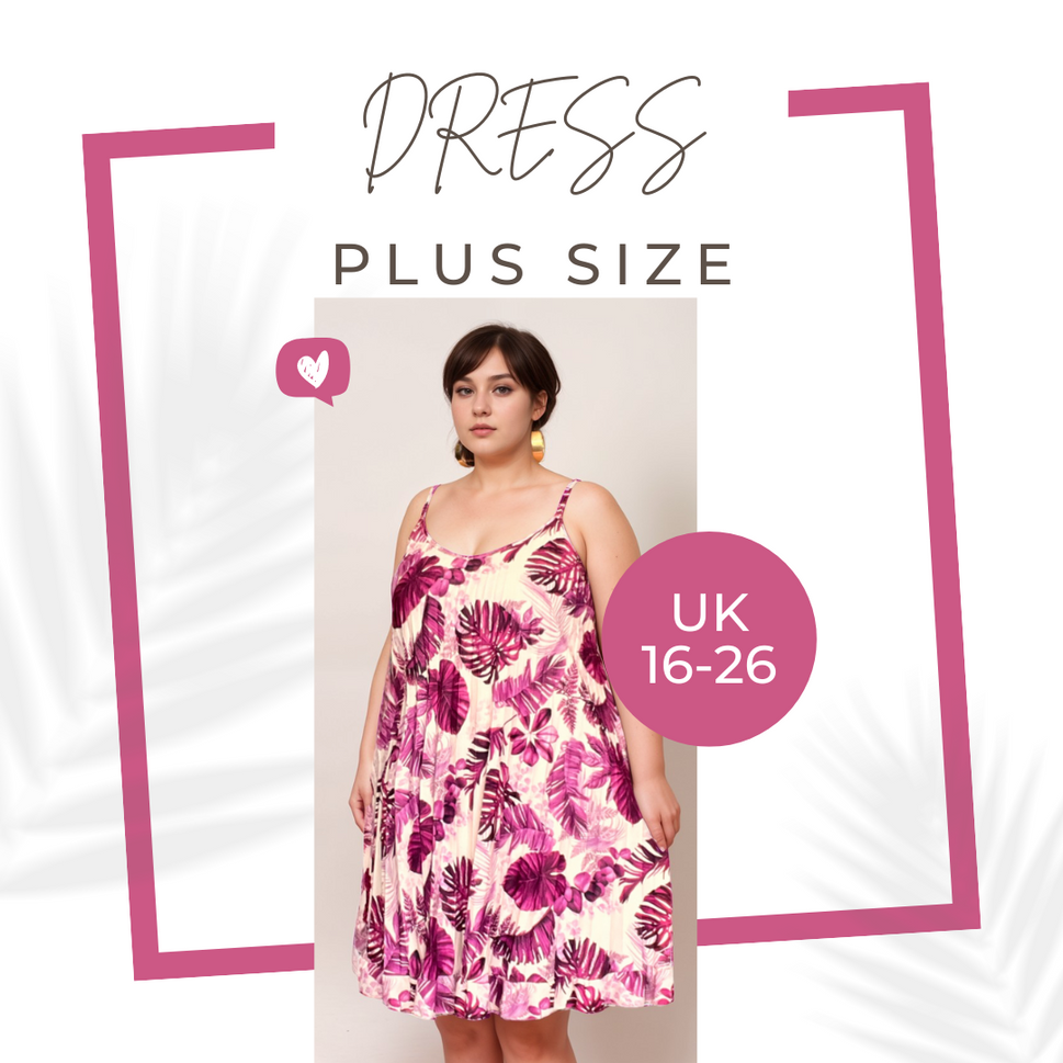 ROCKTHOSECURVES PLEATED A LINE STRAPPY LEAF PRINT DRESSFUCHSIA / UK 16-18