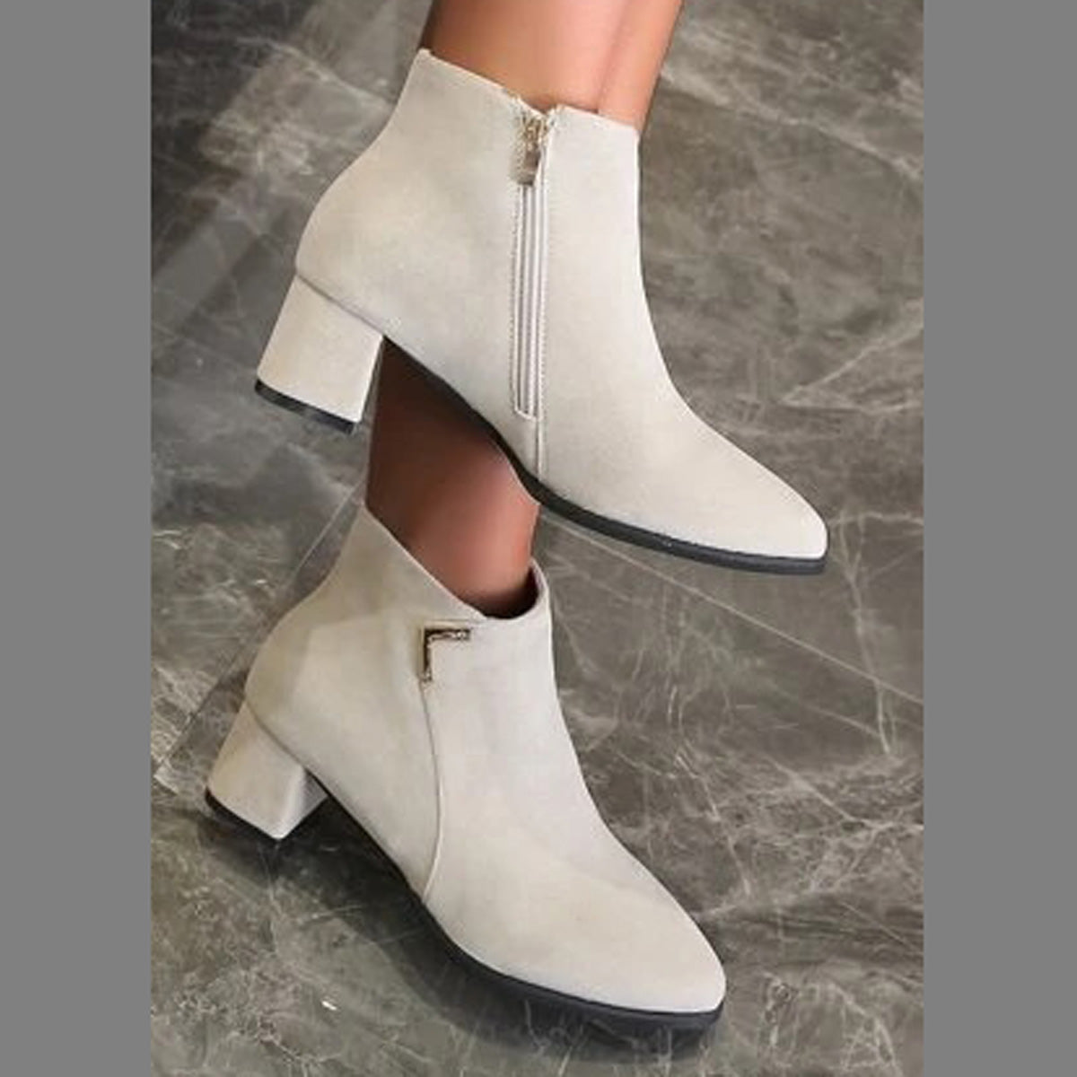 PALE GREY FAUX SUEDE LOW BLOCK HEEL ANKLE BOOTS