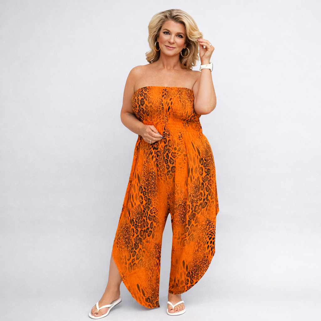 Strapless Boob Tube Jumpsuit with V Hem Legs