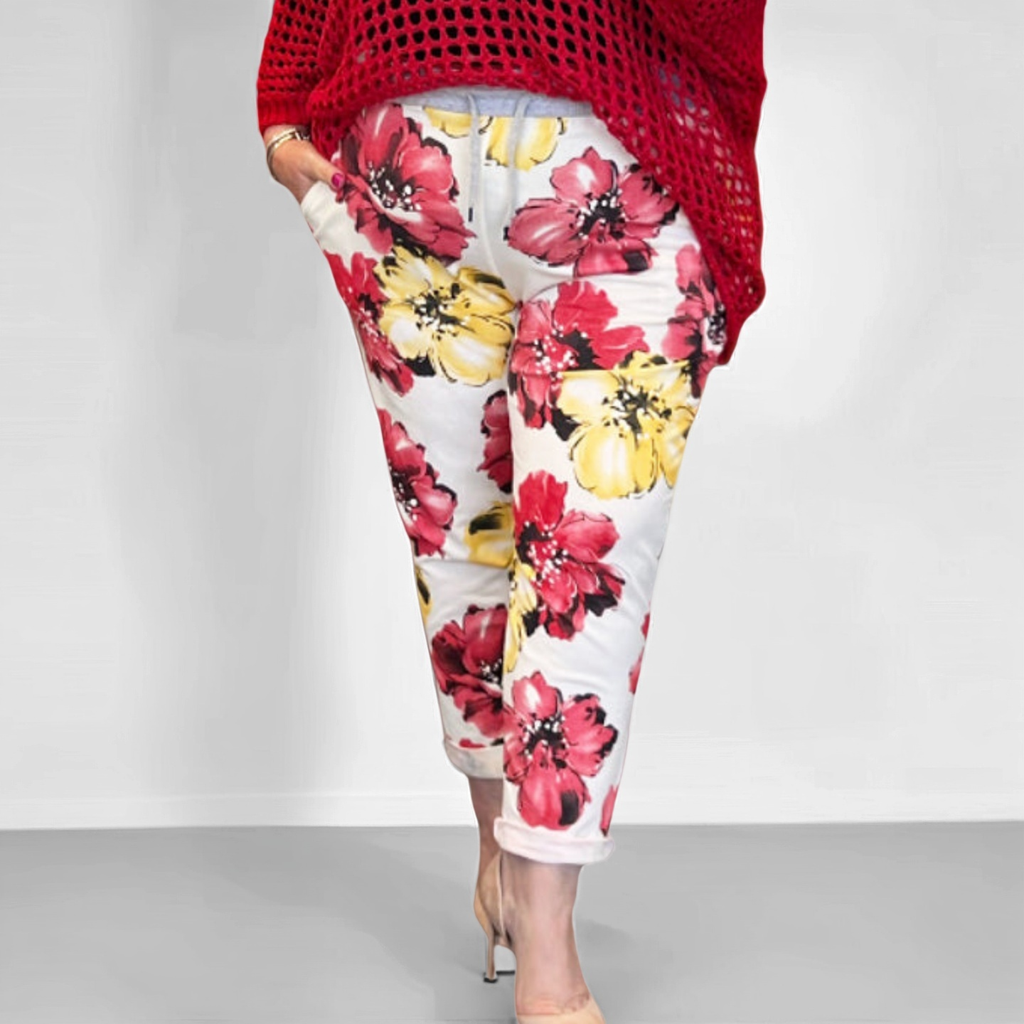 Red & Yellow Floral Elastic Waist Pocket Joggers