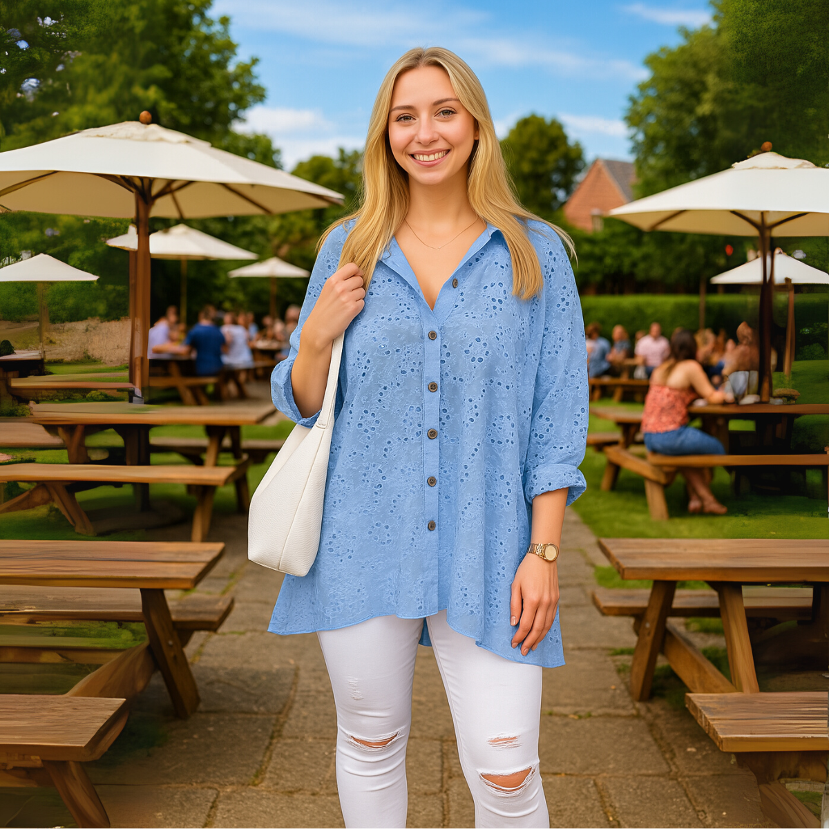 Pale Blue Oversized Embroidered Shirt