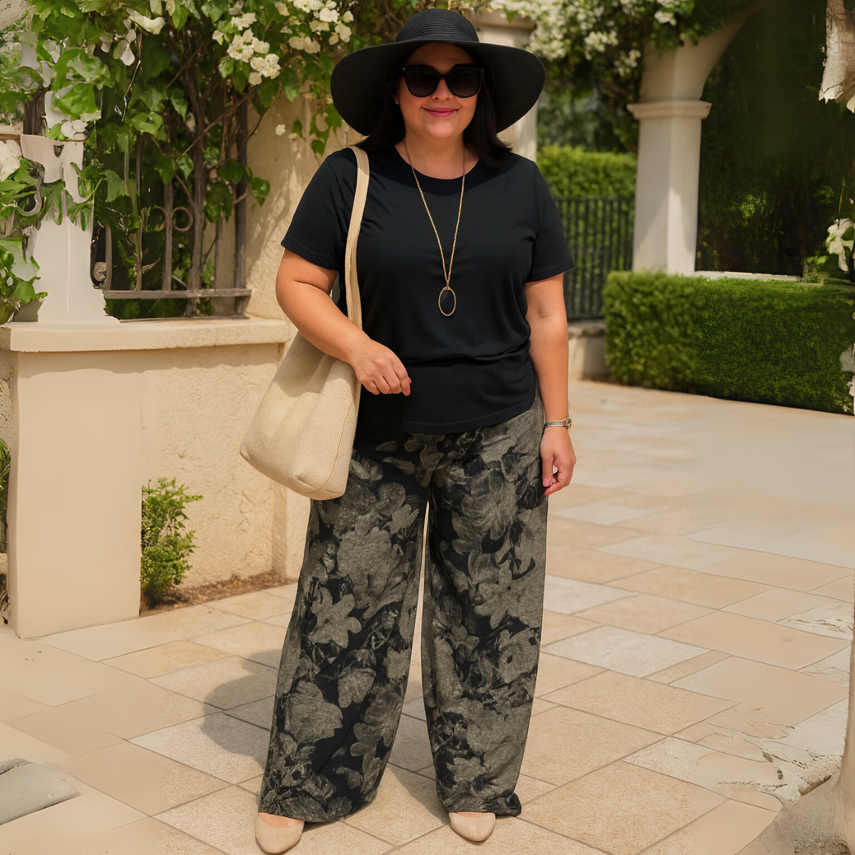 Black Grey Floral Palazzo Trousers