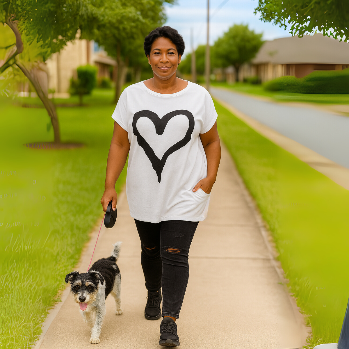 Cap Sleeve Long Dipped hem Pocket Heart T-shirt