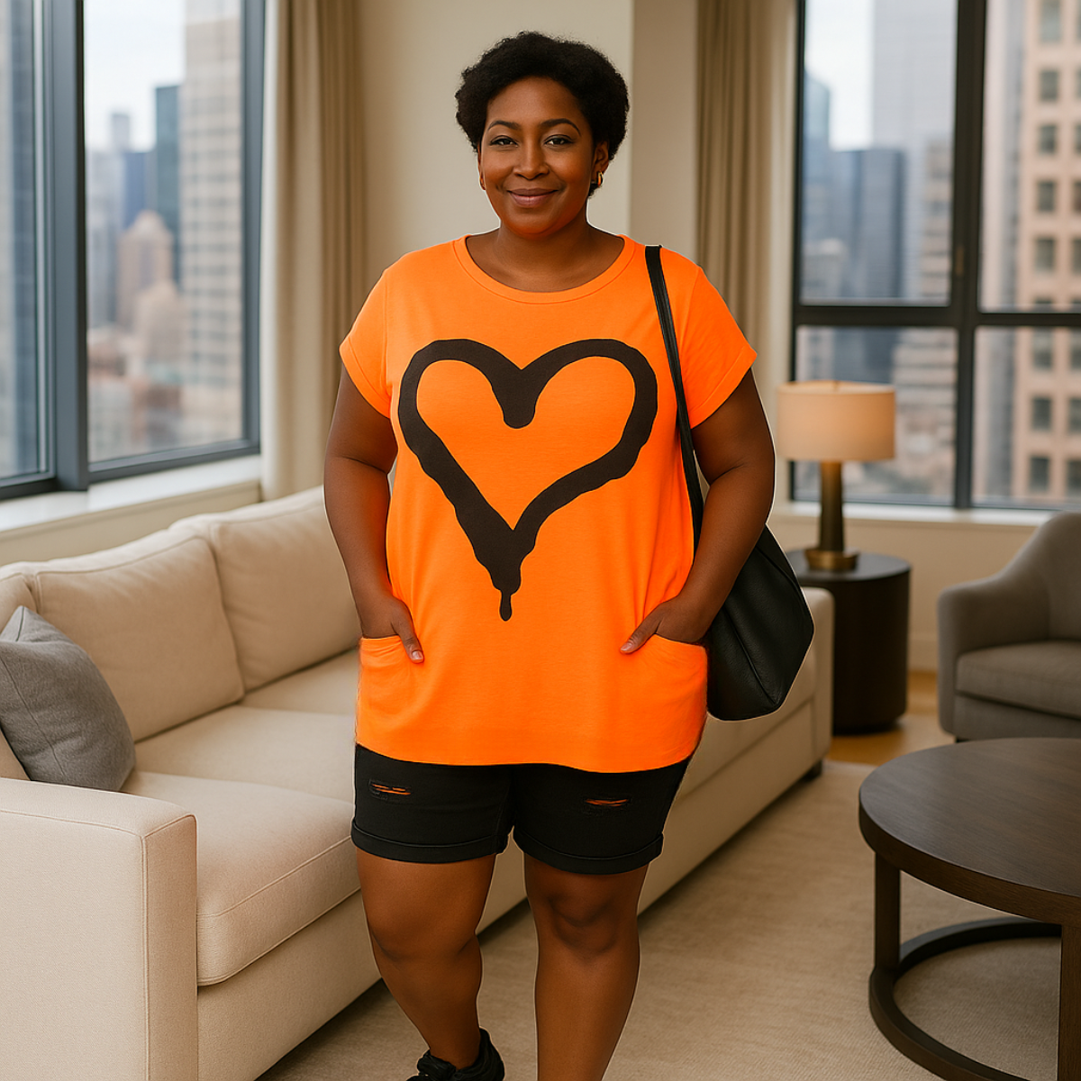 Cap Sleeve Long Dipped hem Pocket Heart T-shirt