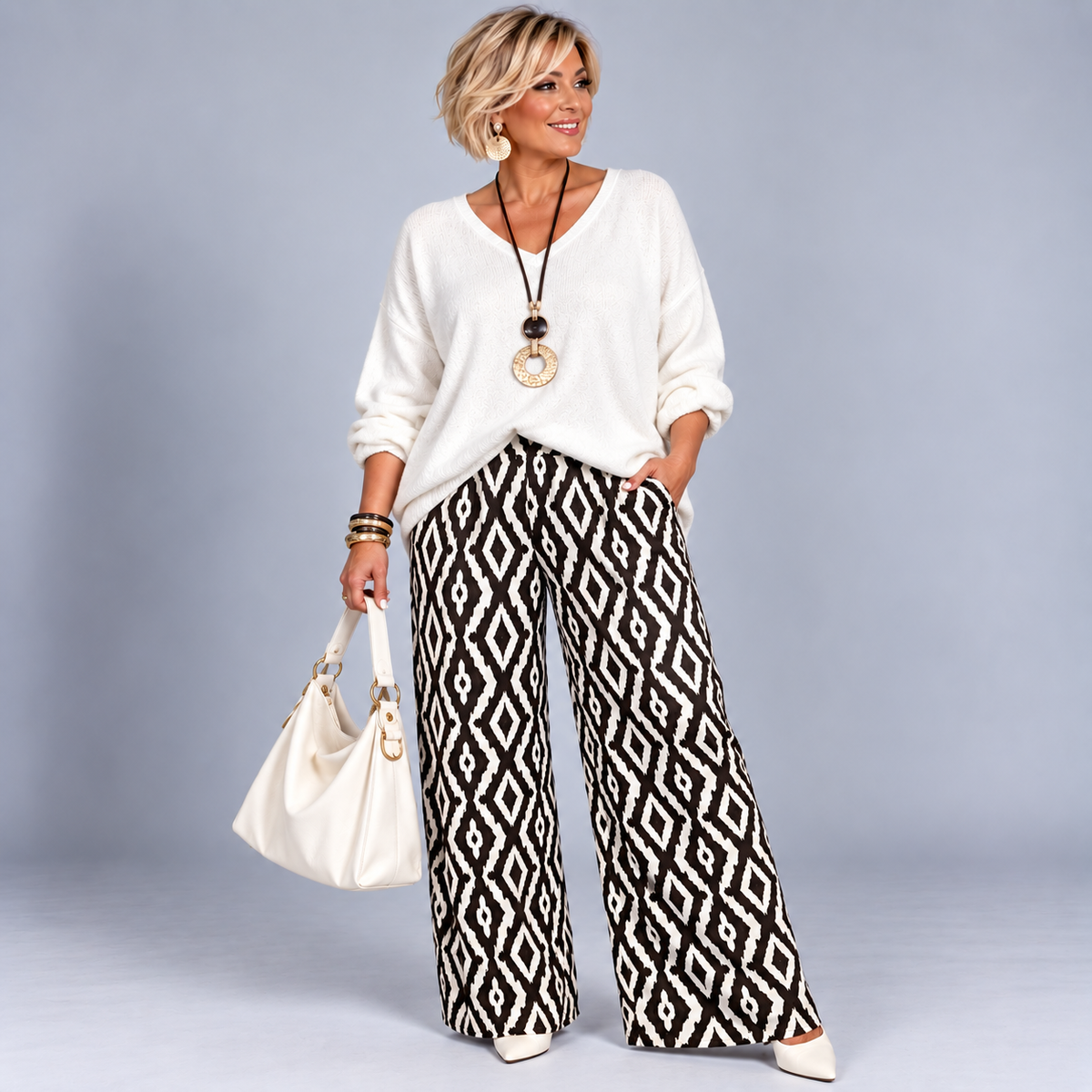 Black & White Diamond Print Side Pocket Palazzo Trousers