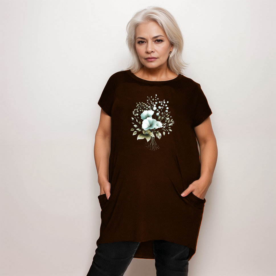 BLACK LONG POCKET T-SHIRT / TOP WITH PRETTY FLOWERSGREEN / UK 16