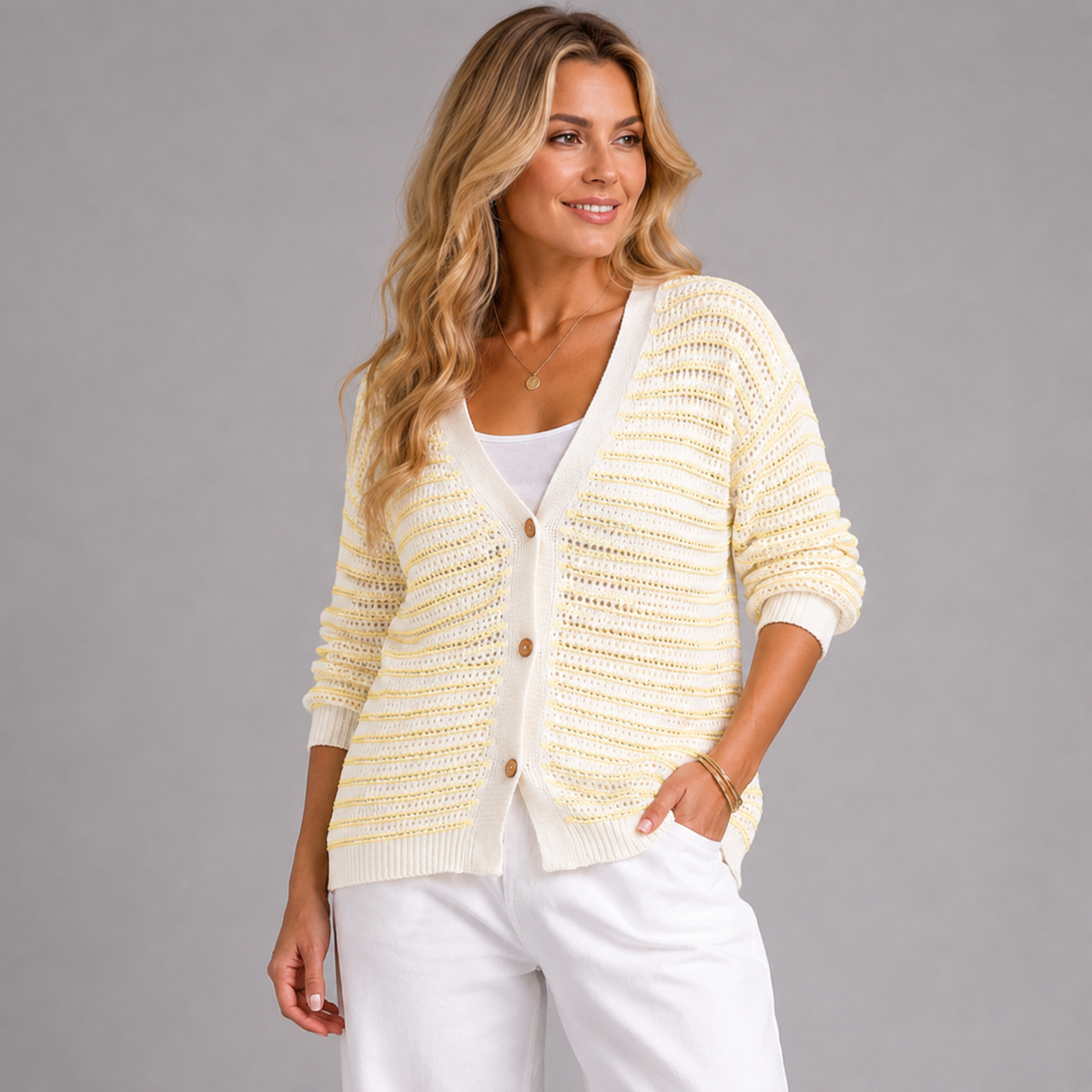 Striped V Neck Button Up Cardigan