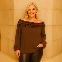 Ruffled Neckline Off Shoulder Long Sleeve Blouse