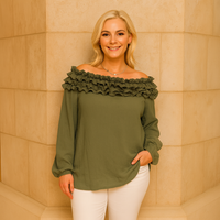 Ruffled Neckline Off Shoulder Long Sleeve Blouse