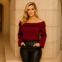 Ruffled Neckline Off Shoulder Long Sleeve Blouse