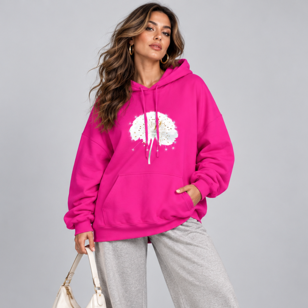 Cotton Oversized Hoodie with Dandelion Print