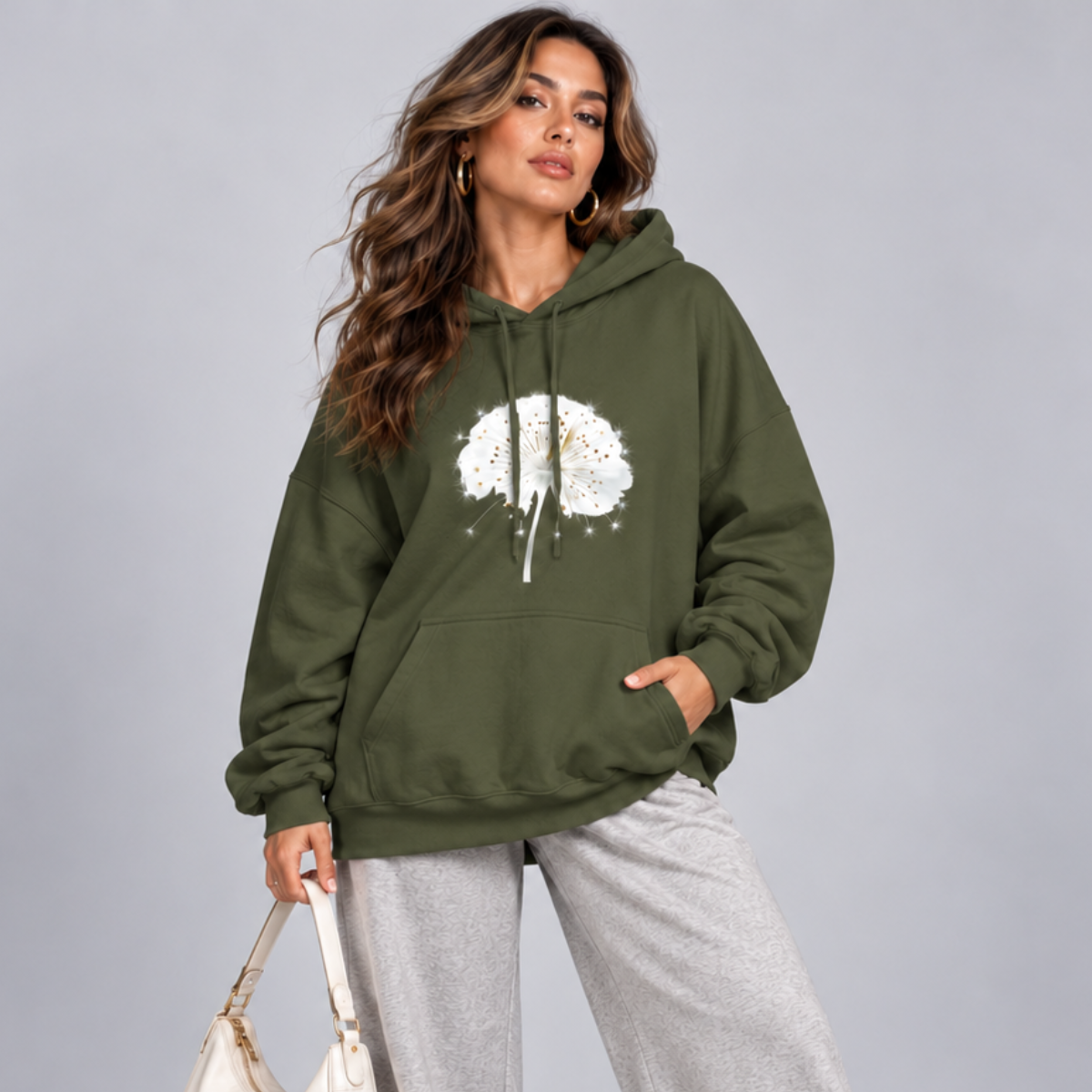Cotton Oversized Hoodie with Dandelion Print