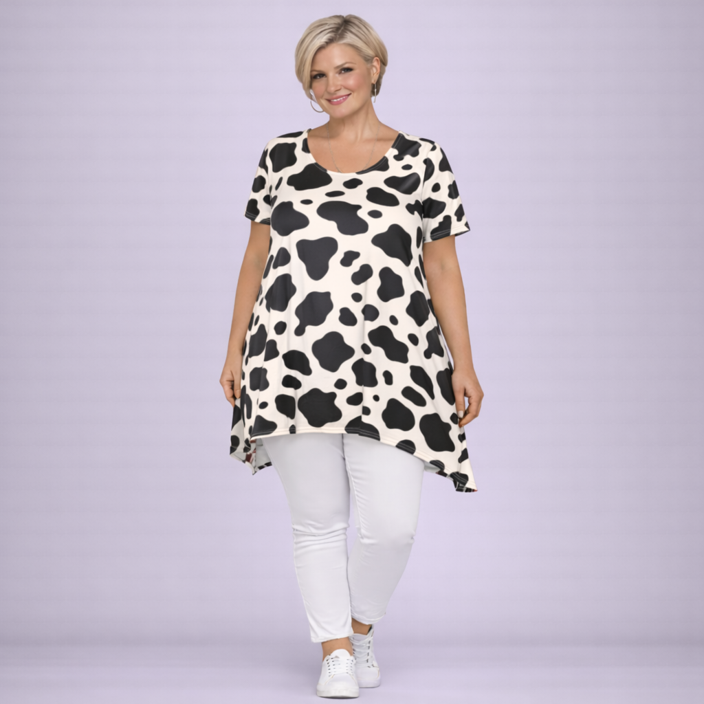 Cow Print Short Sleeve Swing Top with Hanky Hem