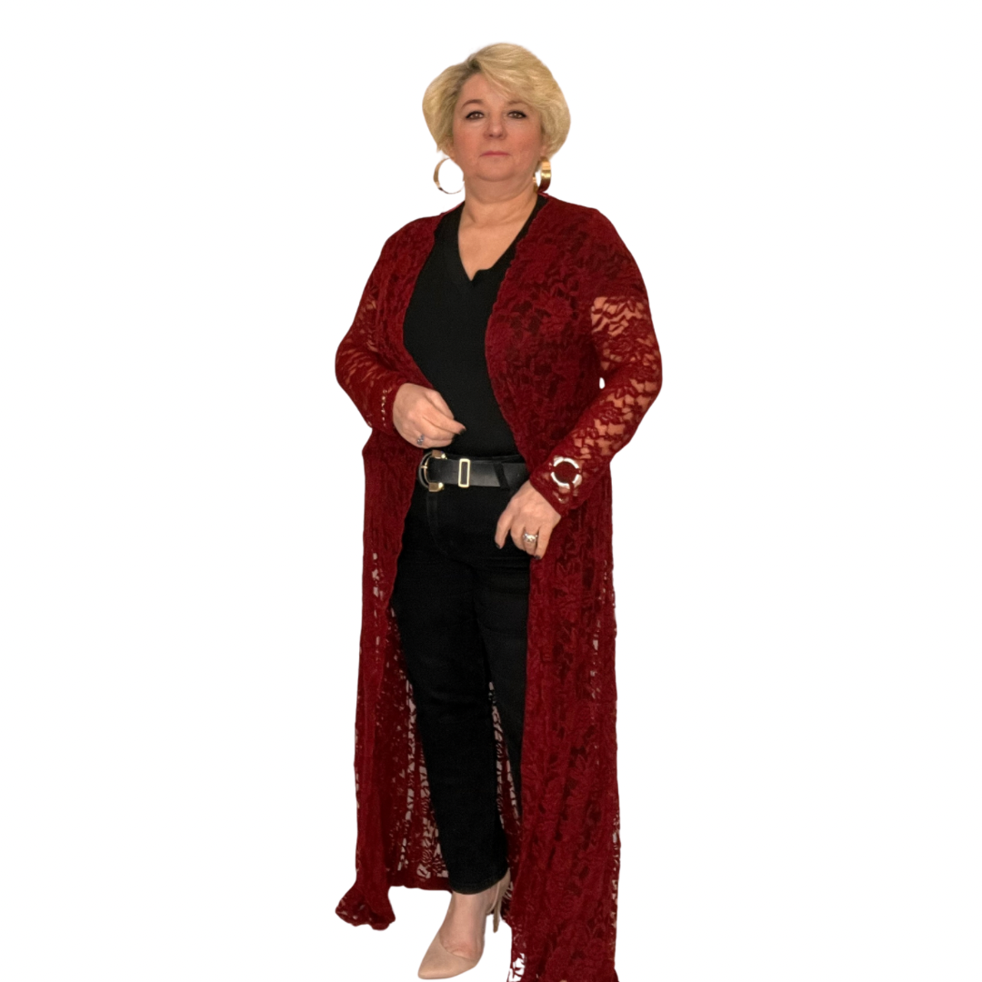 WINE LONG SLEEVE LACE DUSTER JACKET